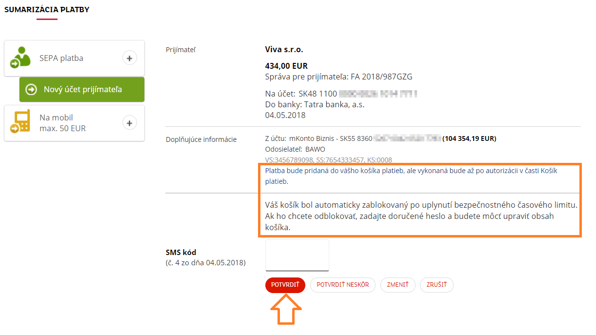 Aktivujte košík platieb SMS kódom