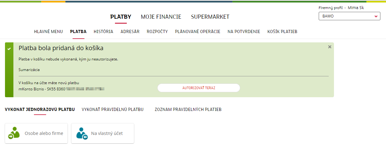 Po potvrdení SMS správou sa zobrazí informácia o úspešnom pridaní platby do košíka