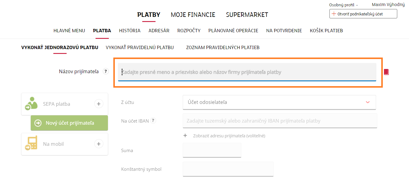 Do zeleného poľa zadajte meno alebo názov prijímateľa platby. Po výbere prijímateľa platby sa aktivuje automaticky šablóna tuzemskej platby.