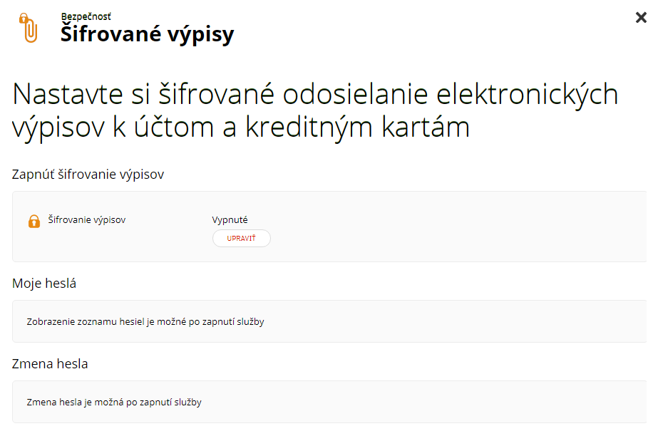 Panel nastavenia - nastavenie služby šifrované výpisy Panel nastavenia - nastavenie služby šifrované výpisy