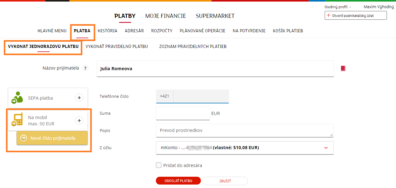 Zadajte meno prijímateľa platby, zvoľte šablónu platby Na mobil a vyplňte mobilné číslo priateľa, ktorému chcete platbu poslať, sumu a môžete pridať popis platby. smart_3