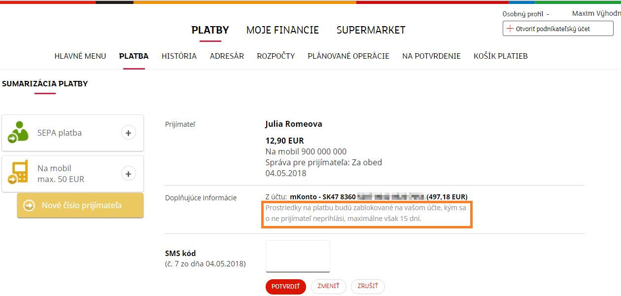 Po odoslaní platby sa zobrazí sumarizácia platby na mobil. Skontrolujte údaje a platbu autorizujte SMS kódom. smart_4