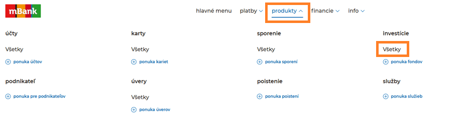 Obrázok: Ako kúpiť podiely v mFondoch - krok 1 - V menu zvoľte produkty a v časti Investície kliknite na Všetky.