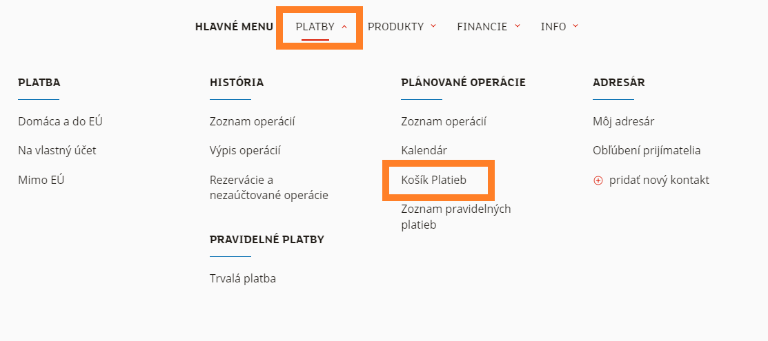 Košík platieb v hornom menu v položke PLATBY