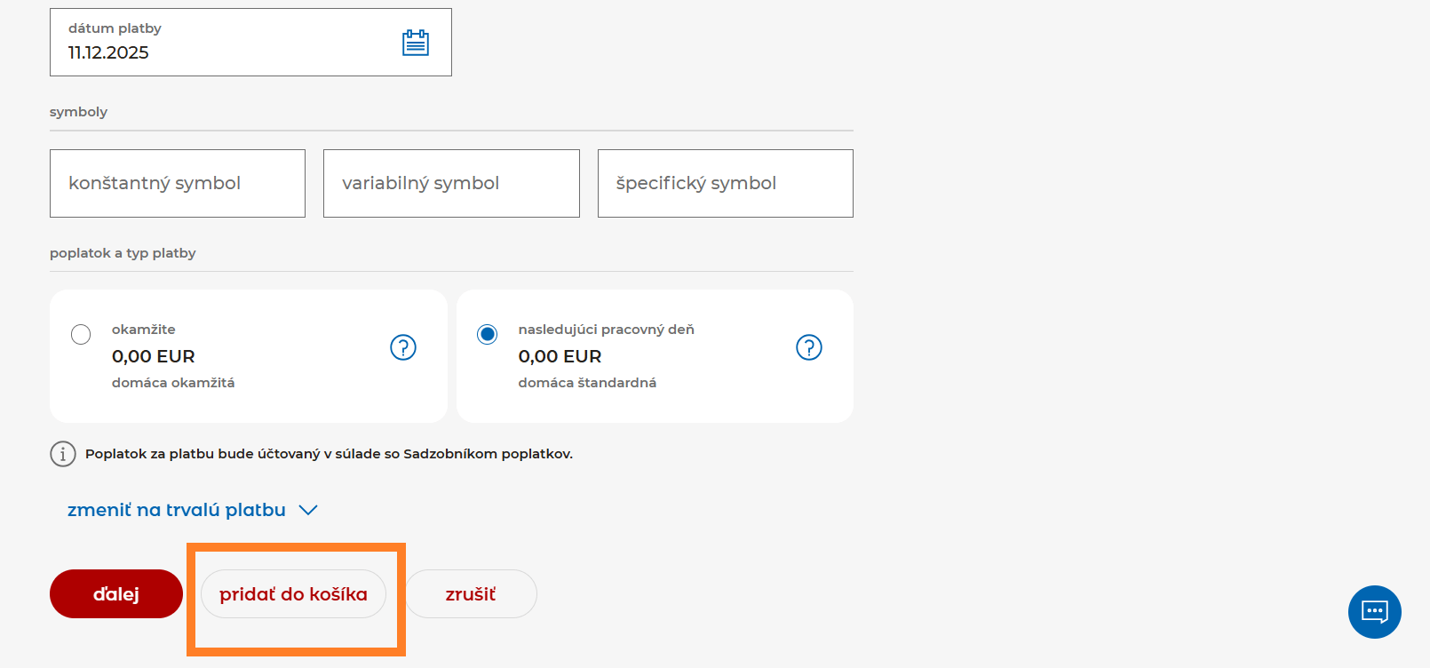 Po vyplnení detailov platby stlačte tlačidlo Pridať do košíka