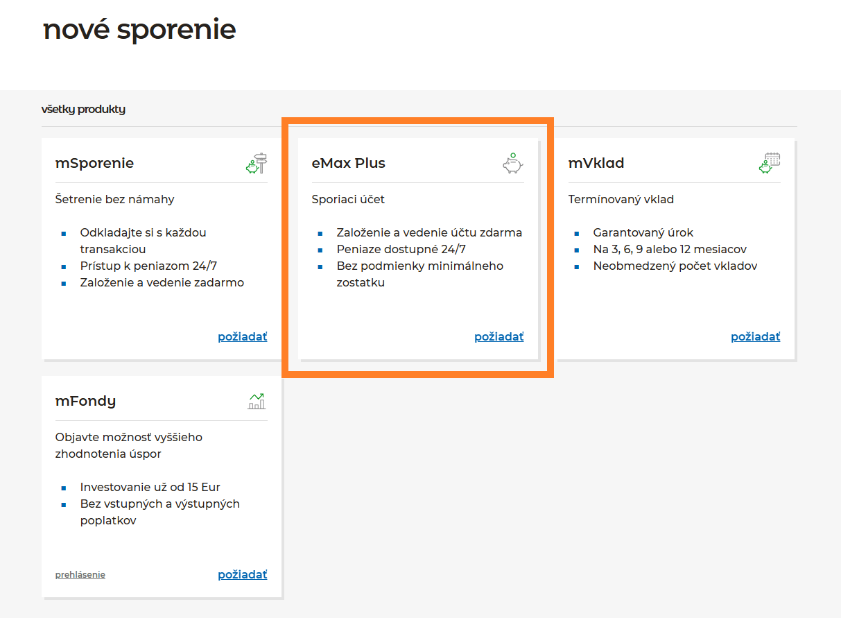 Založenie eMax Plus v internet bankingu - krok 2