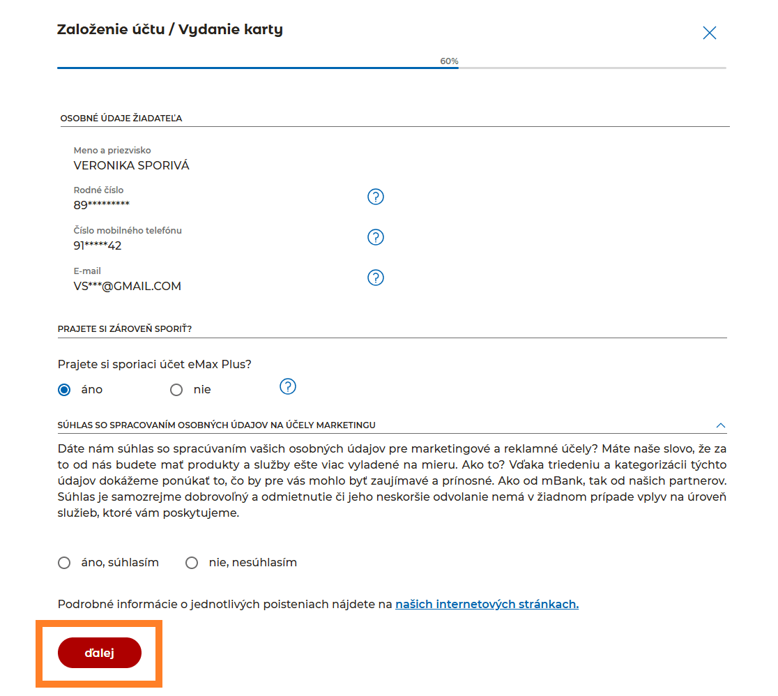 Založenie eMax Plus v internet bankingu - krok 3