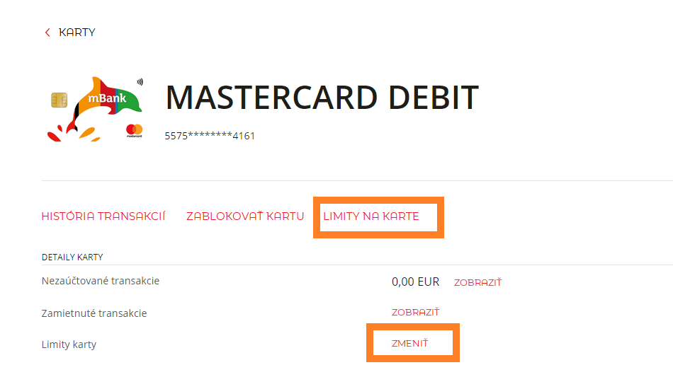 Zmeniť limity na karte