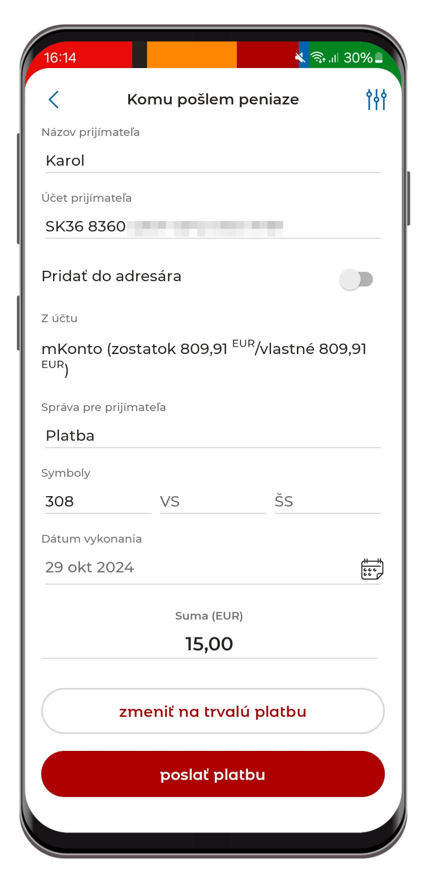 Platba QR kódom - krok 2